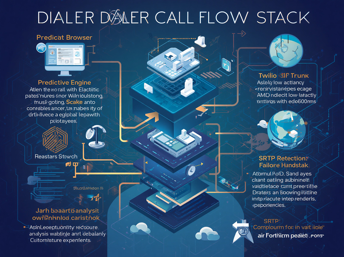 Belsmart dialer architecture stack diagram showing call flow from agent browser through WebRTC, Twilio SIP trunk, AMD detection, SRTP encryption, and multi-region failover layers