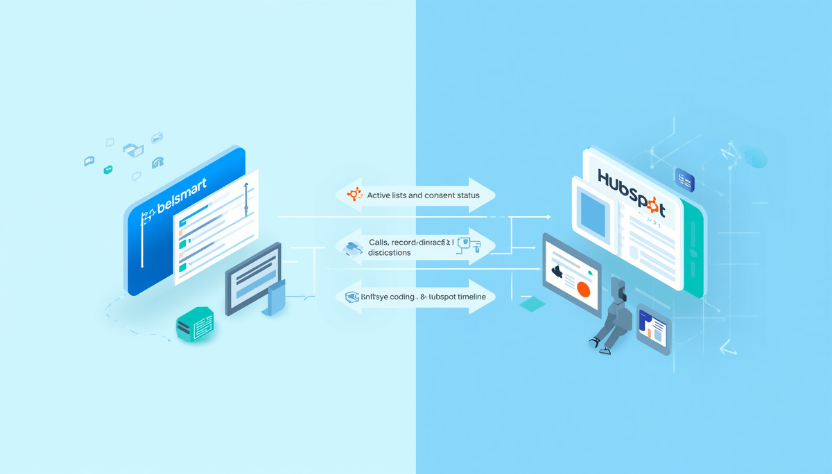 Belsmart HubSpot integration architecture showing two-way sync of contact lists, call logs, recordings, and dispositions