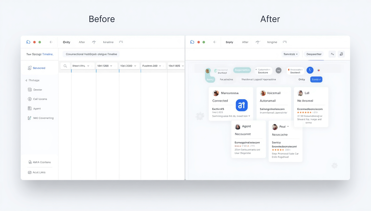 HubSpot contact timeline showing automatically logged calls with outcomes, durations, and recording links from the connected dialer